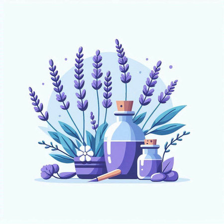 Spa composition with lavender flowers and essential oil. Vector illustration.のイラスト素材