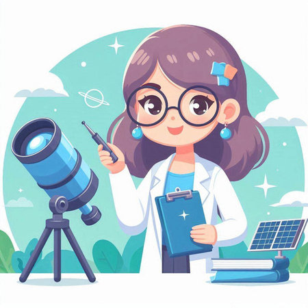 Cute little girl in science class with telescope. Vector illustration.のイラスト素材