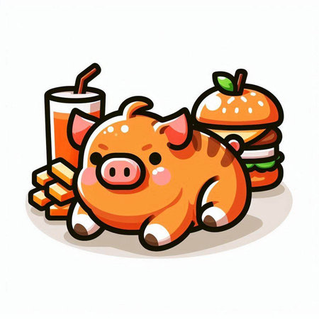 Vector illustration of a pig with hamburger, apple and carrot.のイラスト素材