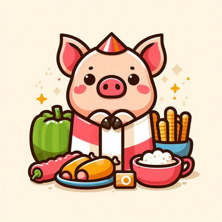 Cute pig with food. Cute cartoon character. Vector illustration.のイラスト素材