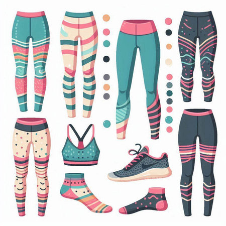 Vector set of colorful sports leggings, pants, sneakers, socks, socks.のイラスト素材