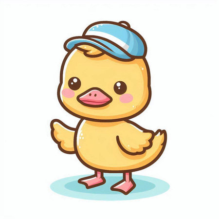 Cute cartoon duck in a cap. Vector illustration isolated on white background.のイラスト素材