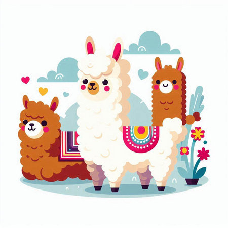 Cute alpaca and lama in love. Vector illustrationのイラスト素材