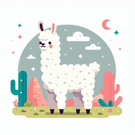 Cute alpaca in the desert. Vector illustration in flat styleのイラスト素材