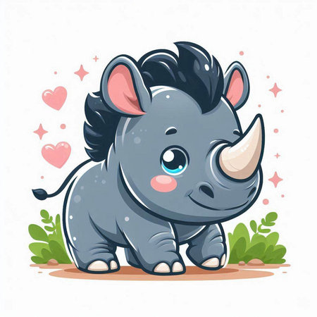 Cute cartoon rhinoceros with hearts. Vector illustration.のイラスト素材