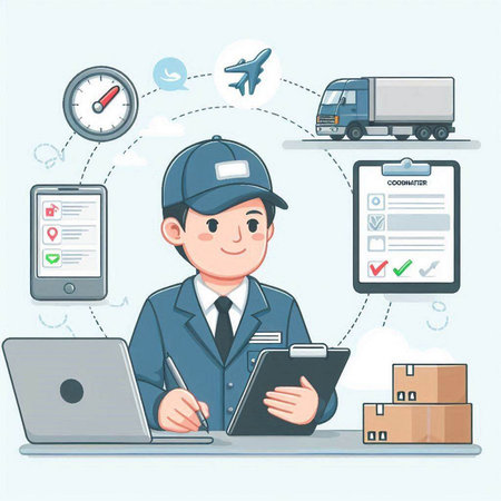 Online delivery service. Postman with laptop and mobile phone. Vector illustration.のイラスト素材