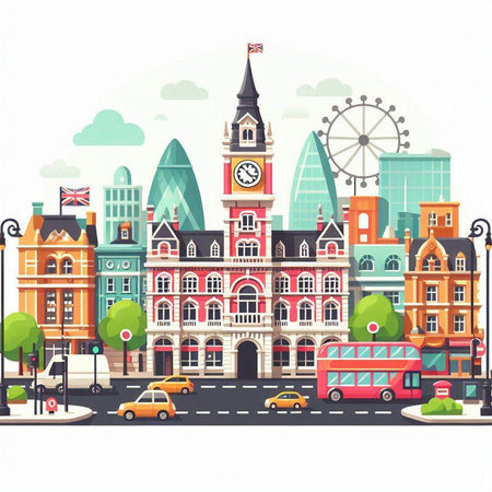 London, United Kingdom. Cityscape with famous buildings. Vector illustration.のイラスト素材