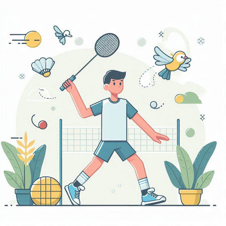 Boy playing badminton. Vector illustration in flat cartoon style.のイラスト素材