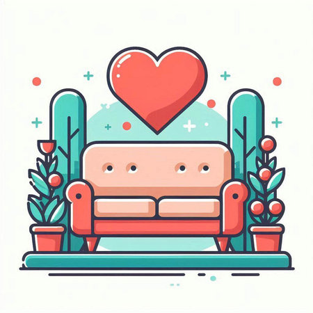 Couch with heart in the living room. Vector illustration in line art style.のイラスト素材