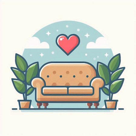 Vector illustration of a cozy living room with a sofa and a plant.のイラスト素材