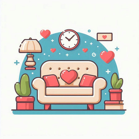 Living room with sofa, lamp, clock, plants and hearts. Flat vector illustration.のイラスト素材