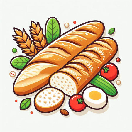 Baguette with vegetables and eggs. Vector illustration of bread.のイラスト素材