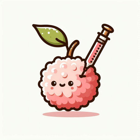 Cute cartoon lychee character with syringe. Vector illustration.のイラスト素材