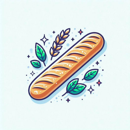 Baguette with wheat. Vector illustration in doodle style.のイラスト素材