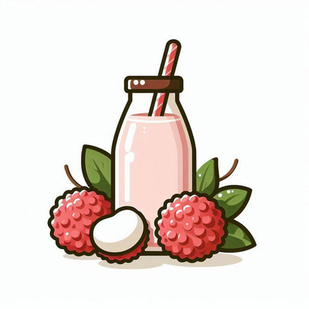 Raspberry milk in glass bottle with fresh fruit on white background.のイラスト素材