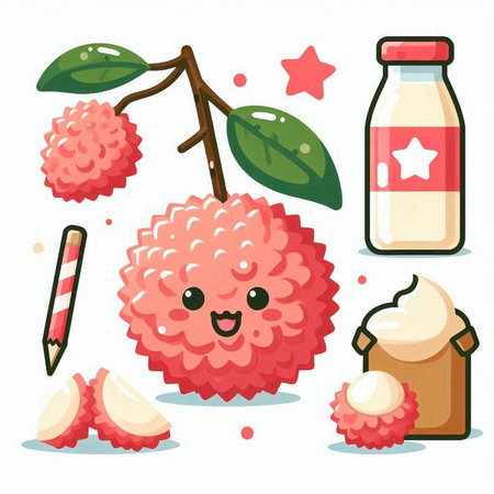 Lychee fruit character set. Vector illustration in cartoon style.のイラスト素材