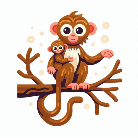 Cute monkey sitting on a tree branch. Vector illustration isolated on white background.のイラスト素材