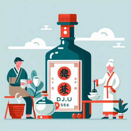 Vector illustration of Chinese tequila bottle and people in traditional costume.のイラスト素材