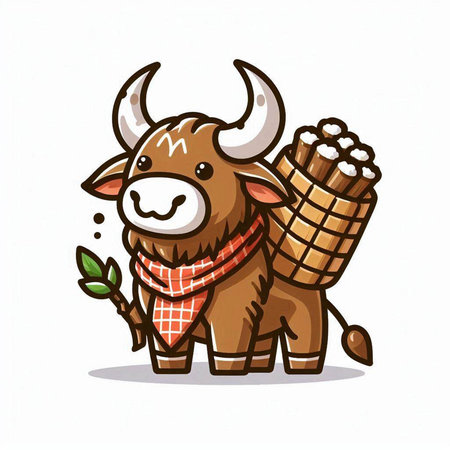 Illustration of a Cute Bull Wearing a Scarf Holding a Basket of Wheatのイラスト素材
