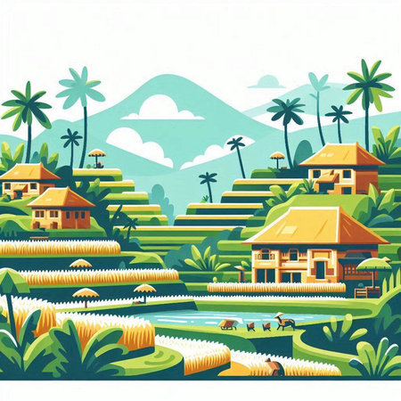 Vector illustration of a tropical island with palm trees, palm trees and housesのイラスト素材