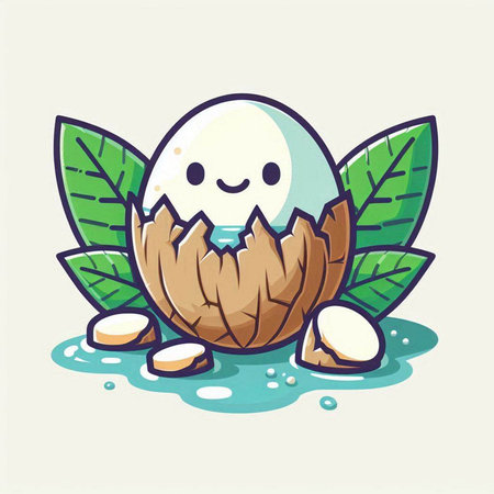 Egg character in cartoon style with green leaves. Vector illustration.のイラスト素材