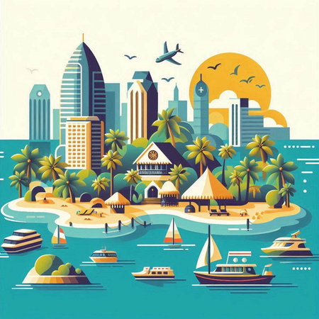 Vector illustration of a modern city with palm trees, boats and yachtsのイラスト素材