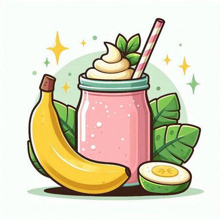 Smoothie in a glass with banana and egg. Vector illustration.のイラスト素材