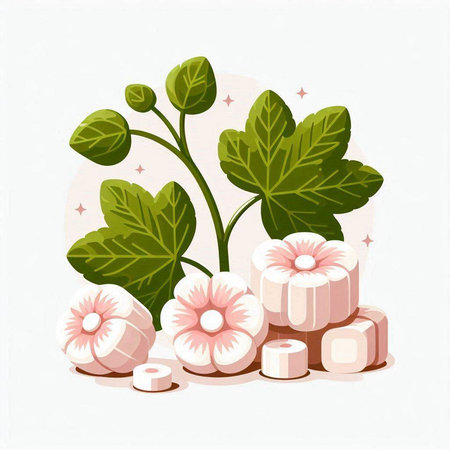 Illustration of a green plant with flowers and marshmallows.のイラスト素材