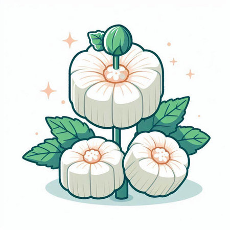 Illustration of a white mallow with green leaves on a white backgroundのイラスト素材