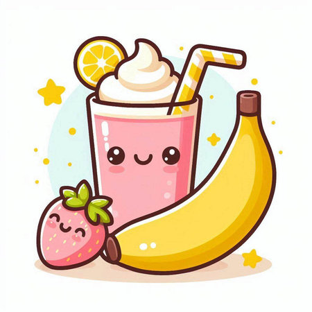 Funny cartoon banana smoothie with whipped cream and strawberry. Vector illustrationのイラスト素材