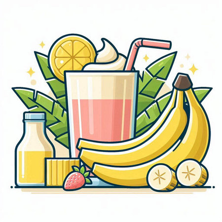 Fruit smoothie in a glass with a straw, bananas and oranges. Vector illustration.のイラスト素材