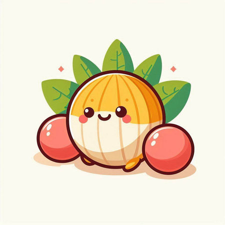 Cute cartoon onion character with fruits and leaves. Vector illustration.のイラスト素材