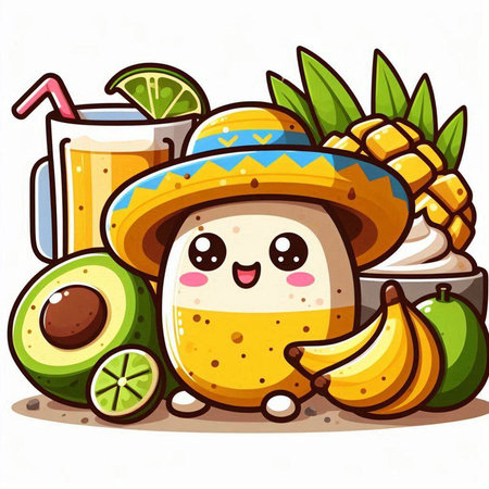 Illustration of a Cute Fruit Character Wearing a Sombreroのイラスト素材