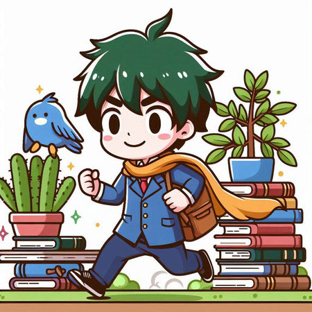 Illustration of a Kid Boy Walking to School with Pile of Booksのイラスト素材