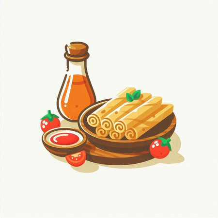 Crepes on plate with tomato sauce and jam. Vector illustration.のイラスト素材