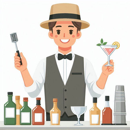 Bartender man in hat and apron standing at the bar counter, holding a glass of cocktail and a whisk. Vector illustration.のイラスト素材