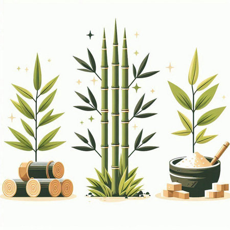 Set of bamboo plants, leaves and wooden mortar. Vector illustration.のイラスト素材