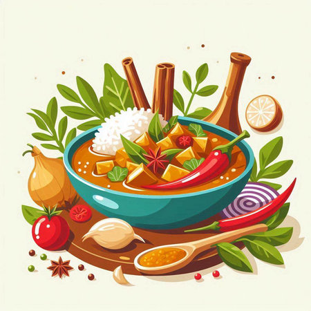 Traditional indian curry in bowl with spices and herbs, vector illustrationのイラスト素材