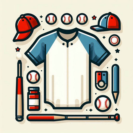 Baseball sport equipment. Baseball t-shirt, ball, bat, glove, ball, bat, ball, helmet. Vector illustrationのイラスト素材