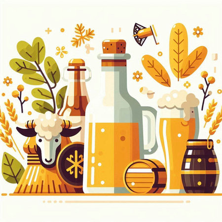 Oktoberfest vector flat illustration. Beer, pretzel, glass of beer, barrel, hop, sheep, wheat.のイラスト素材