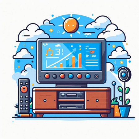 Vector illustration of home entertainment flat line design concept. Modern thin linear icons for website and mobile website development.のイラスト素材