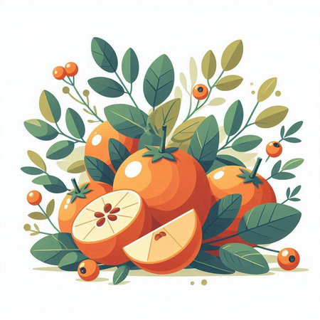 Orange fruit with leaves and berries. Vector illustration in flat style.のイラスト素材