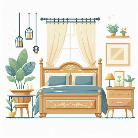 Bedroom interior with furniture and plants. Vector illustration in flat styleのイラスト素材