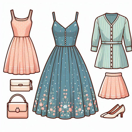 Set of fashion clothes and accessories. Vector illustration in retro style.のイラスト素材