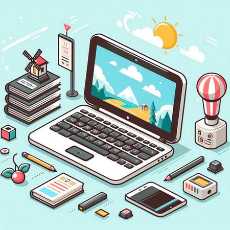 Laptop and gadgets on the table. Vector illustration in isometric styleのイラスト素材