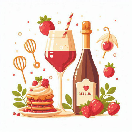 Strawberry cake, bottle of wine, whisk, cupcake, whisk and strawberries. Vector illustration.のイラスト素材