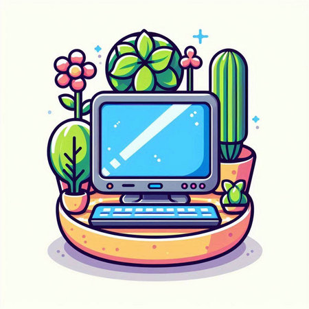 Computer and cactus in pot. Vector illustration in cartoon style.のイラスト素材