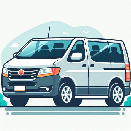 Vector illustration of a white van on a background of blue sky.のイラスト素材