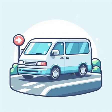 Illustration of a cartoon van on the road. Vector illustration.のイラスト素材