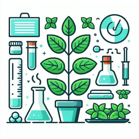 Vector illustration with green plant in flat line style. The concept of biotechnology, biotechnology, biochemistry.のイラスト素材